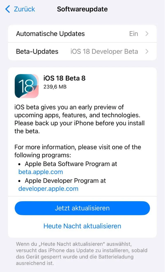 循化苹果手机维修分享苹果 iOS / iPadOS 18 开发者预览版 Beta 8 发布 